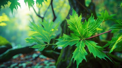 Wall Mural - green maple leaves in natural sunlight with blurred background creating a soft focus effect in a lus