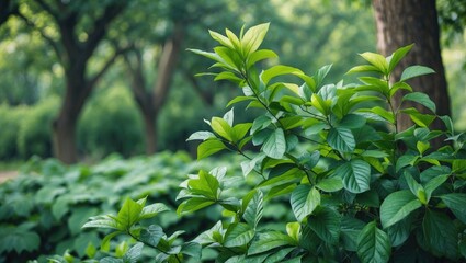 Wall Mural - green leaves on branches in a forested area with blurred background of trees and foliage in natural 