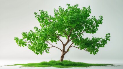 green leafy tree isolated on light background with grass patches surrounding the base of the trunk