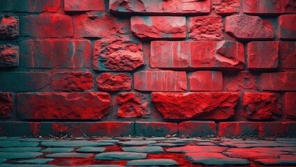 Wall Mural - Textured stone wall with vibrant red illumination creating shadows and reflections on the ground surface