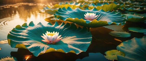Wall Mural - lotus flowers on large green leaves in a tranquil pond with sunlight reflecting off the water surfac