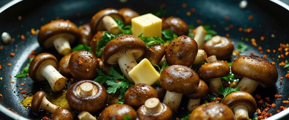 Wall Mural - Aromatic fried mushrooms in a skillet with butter and spices garnished with fresh herbs close-up shot of a delicious dish