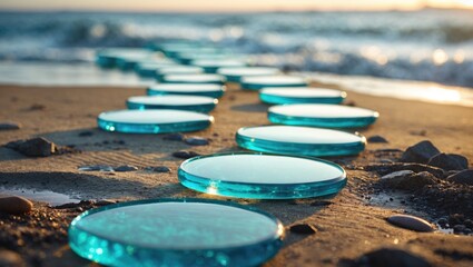Wall Mural - transparent blue glass circles arranged on sandy beach with ocean waves in the background during sun