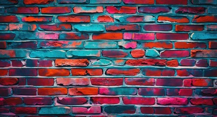 Wall Mural - Colorful brick wall texture suitable for backgrounds with vibrant hues of blue, pink, and orange in a square format.