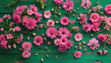 Wall Mural - Pink flowers arranged on a green wooden surface background in a flat lay composition showcasing various flower types and sizes.