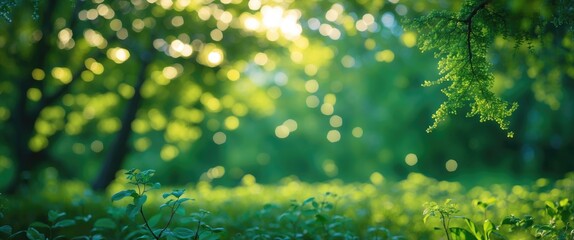 Wall Mural - green forest background with soft bokeh effects highlighting sunlight through leaves and a lush unde