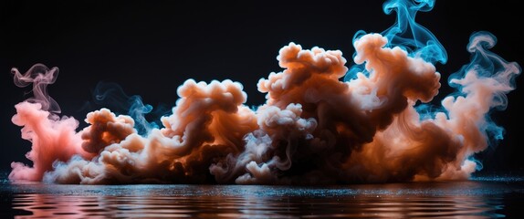 Wall Mural - abstract colored smoke forming shapes on a reflective surface against a dark background creating a d
