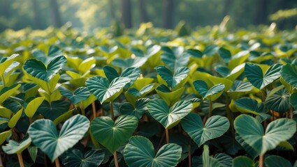 Wall Mural - dense green foliage with heart-shaped leaves in a natural setting with soft sunlight filtering throu