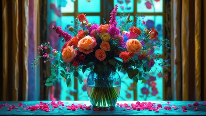 Wall Mural - Vibrant bouquet of mixed flowers in a glass vase against colorful backdrop with petal scattered on the table creating an enchanting atmosphere