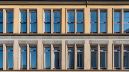 Wall Mural - Facade of a modern building with multiple windows showcasing architectural design and real estate details in urban setting