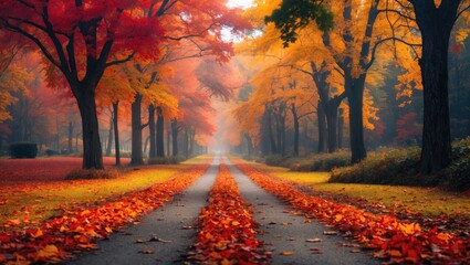 Wall Mural - Vibrant autumn landscape showcasing colorful foliage along a serene tree-lined road with fallen leaves creating a picturesque pathway.