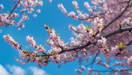 Wall Mural - Cherry blossom branches in full bloom against a clear blue sky creating a serene and vibrant springtime atmosphere.