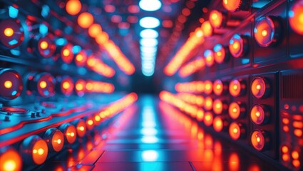 Wall Mural - abstract led light tunnel with vibrant red and blue dots creating a futuristic atmosphere, emphasizi