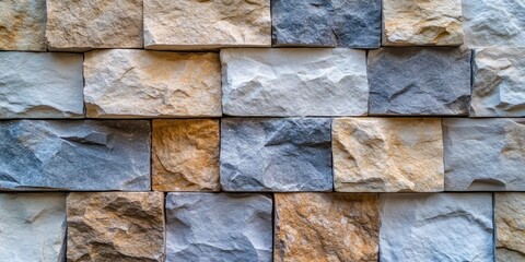 Leinwandbilder - Textured stone wall featuring a mix of beige, gray, and white stones arranged in a staggered pattern with a natural rustic appearance.