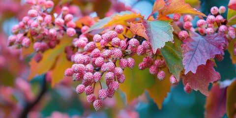 Leinwandbilder - Vibrant pink maple tree seeds cluster on branches among colorful autumn leaves showcasing a stunning natural display of foliage details.