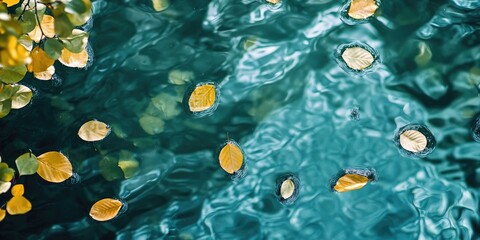 Aufkleber - Serene water surface with floating yellow leaves, enhanced with a tranquil green and blue filter creating a soothing natural ambiance.