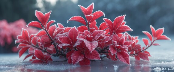 Wall Mural - frost-covered red leaves on a branch in a winter landscape with blurred background foliage and soft 