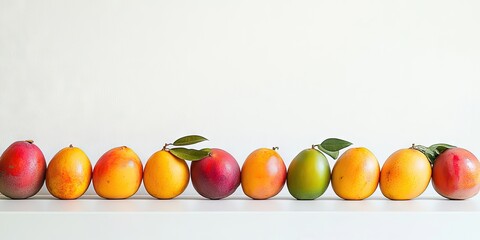 Poster - Assorted ripe mangos in vibrant colors of red, green, and yellow arranged neatly on a white table against a soft white background.