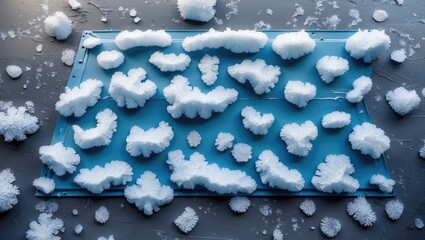 Wall Mural - blue surface covered with snowflakes and frost patterns in various shapes and sizes against a dark b