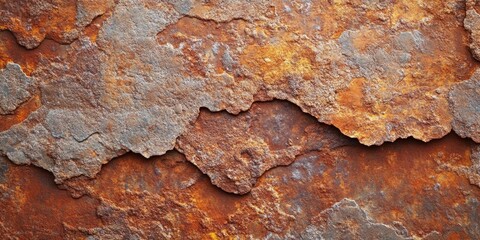 Poster - Rusty metal texture with orange and grey hues, featuring layered surface patterns and irregular earthy shapes, ideal for industrial backgrounds.