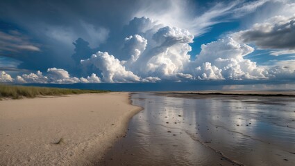 Wall Mural - serene beach landscape with sandy shore and dramatic clouds reflecting in shallow water under a clea