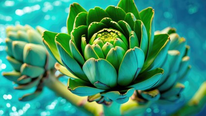 Wall Mural - green artichoke flower against a turquoise background with rippling water reflecting light in the fo