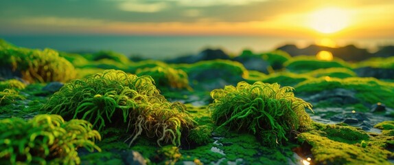 Wall Mural - moss-covered rocks with vibrant green foliage during sunset over the ocean landscape