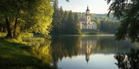 Aufkleber - Scenic landscape of a pedagogical college reflected in calm water surrounded by vibrant green trees under soft morning light