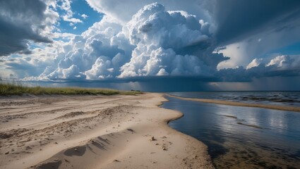 Wall Mural - dramatic cloud formation over a tranquil beach landscape with sandy shore and calm water under a moo