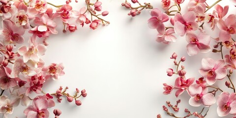 Aufkleber - Elegant arrangement of pink orchid flowers framing a clean white backdrop with ample negative space highlighting delicate petals and foliage details.