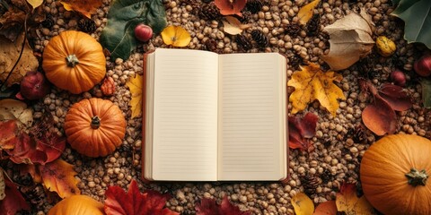 Poster - Open notebook surrounded by autumn leaves pumpkins and pine cones on a bed of grains creating a warm and festive Thanksgiving atmosphere