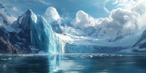 Aufkleber - Majestic glacier towering over a serene bay with clear blue ice formations and mountains under a bright sky with soft clouds reflected in calm water.