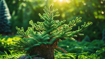 Wall Mural - close-up of a small evergreen tree with lush green needles in a sunlit forest setting with blurred g