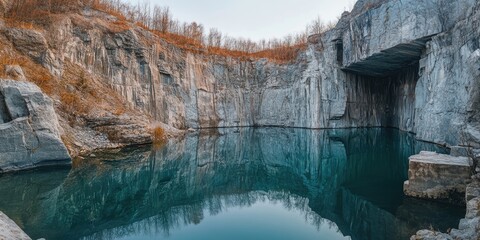 Aufkleber - Serene abandoned quarry landscape with steep rocky cliffs and tranquil turquoise water reflecting the sky and autumn foliage in the background.
