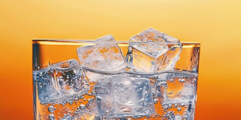 Poster - Refreshing glass of water filled with clear ice cubes against a vibrant orange background showcasing coolness and bubbles with warm hues.