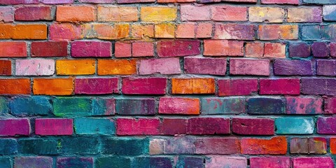 Aufkleber - Vibrant multicolored brick wall featuring shades of pink, orange, purple, and teal positioned horizontally creating a dynamic urban background.