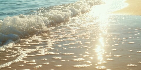 Aufkleber - Sunlit rippling waves gently breaking on sandy shore with glistening water reflecting golden sunlight creating a tranquil beach atmosphere.
