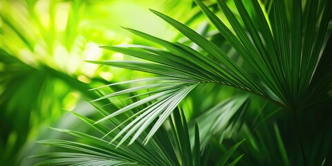 Poster - Lush green palm leaves overlapping with intricate details on a vibrant backdrop of natural greenery creating a serene tropical atmosphere