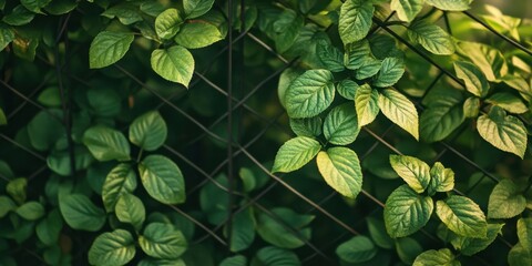 Fototapete - Lush green leaves of climbing bushes intertwine with a dark fence creating a serene natural backdrop in soft light tones of green and brown
