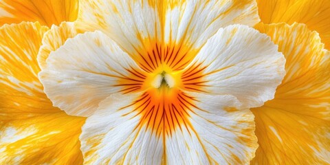 Aufkleber - Vibrant close-up of a white and yellow flower with intricate orange streaks radiating from the center set against a vivid yellow backdrop.