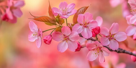 Aufkleber - Delicate pink Sakura blossoms in soft focus against a warm pastel background showcasing spring's renewal and nature's vibrant artistry.