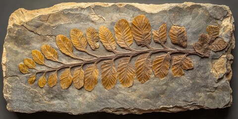 Poster - Fossilized fern leaf embedded in a grey stone slab with intricate details of golden-brown leaves showcasing ancient botanical heritage.