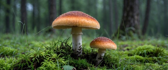 Wall Mural - two large mushrooms with orange caps growing in a lush green forest, surrounded by moss and soft gra