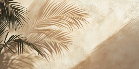 Aufkleber - Palm leaves cast soft shadows on a textured beige wall, featuring subtle warm tones that create an inviting, tranquil atmosphere.