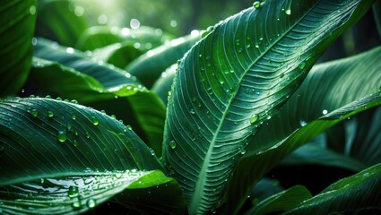 Wall Mural - close-up of large green tropical leaves with water droplets reflecting light in a lush garden enviro