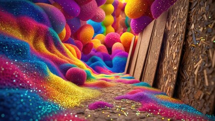 Wall Mural - Vibrant colorful abstract background with textured surfaces and soft glowing elements creating a dreamy pathway effect.