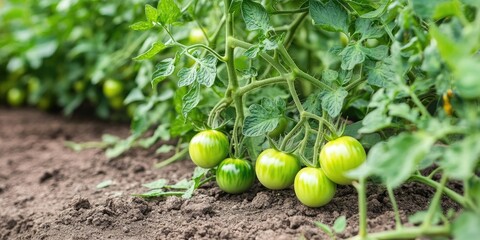 Poster - Green heirloom tomatoes growing on lush plants in a garden, positioned at the foreground with rich brown soil and vibrant green leaves surrounding them.