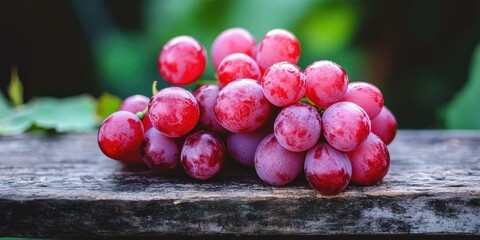 Poster - Fresh red grapes resting atop a rustic wooden surface surrounded by green foliage showcasing their vibrant colors and smooth textures.