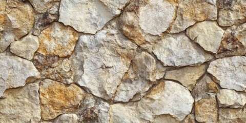 Fototapete - Textured stone wall featuring irregularly shaped beige and brown stones with varying sizes and rustic surface details, ideal for backgrounds.