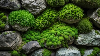 Wall Mural - lush green moss and textured stones creating a natural stone wall backdrop in a vibrant outdoor envi